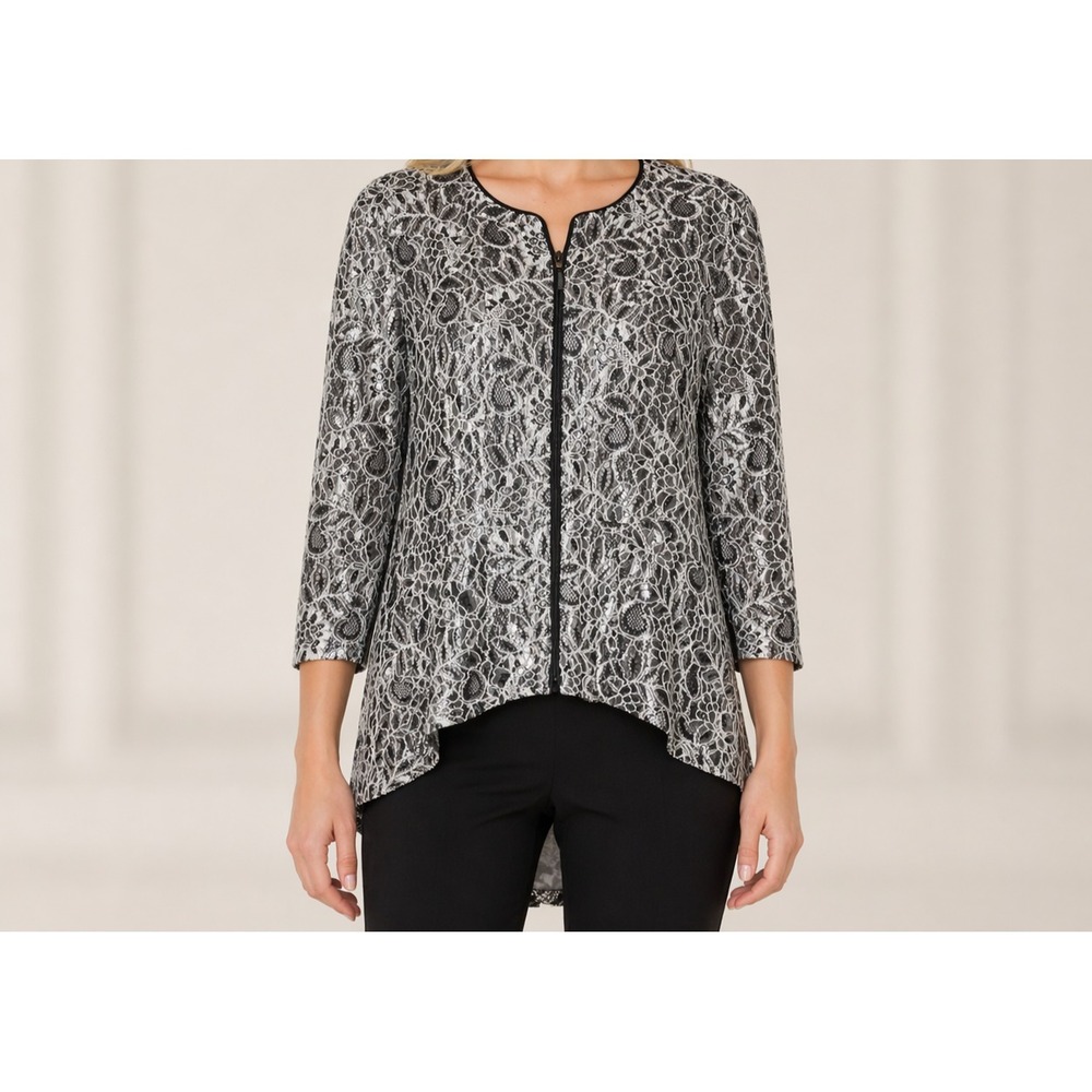 Alex Evenings Lace Metallic Jacket Formal Evening Party Zip Silver Party SZ Lg